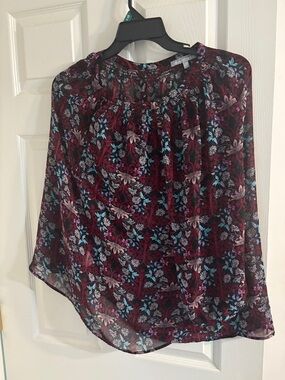 Daniel Rainn Burgundy Floral Smocked Neck Blouse with Blue Accents